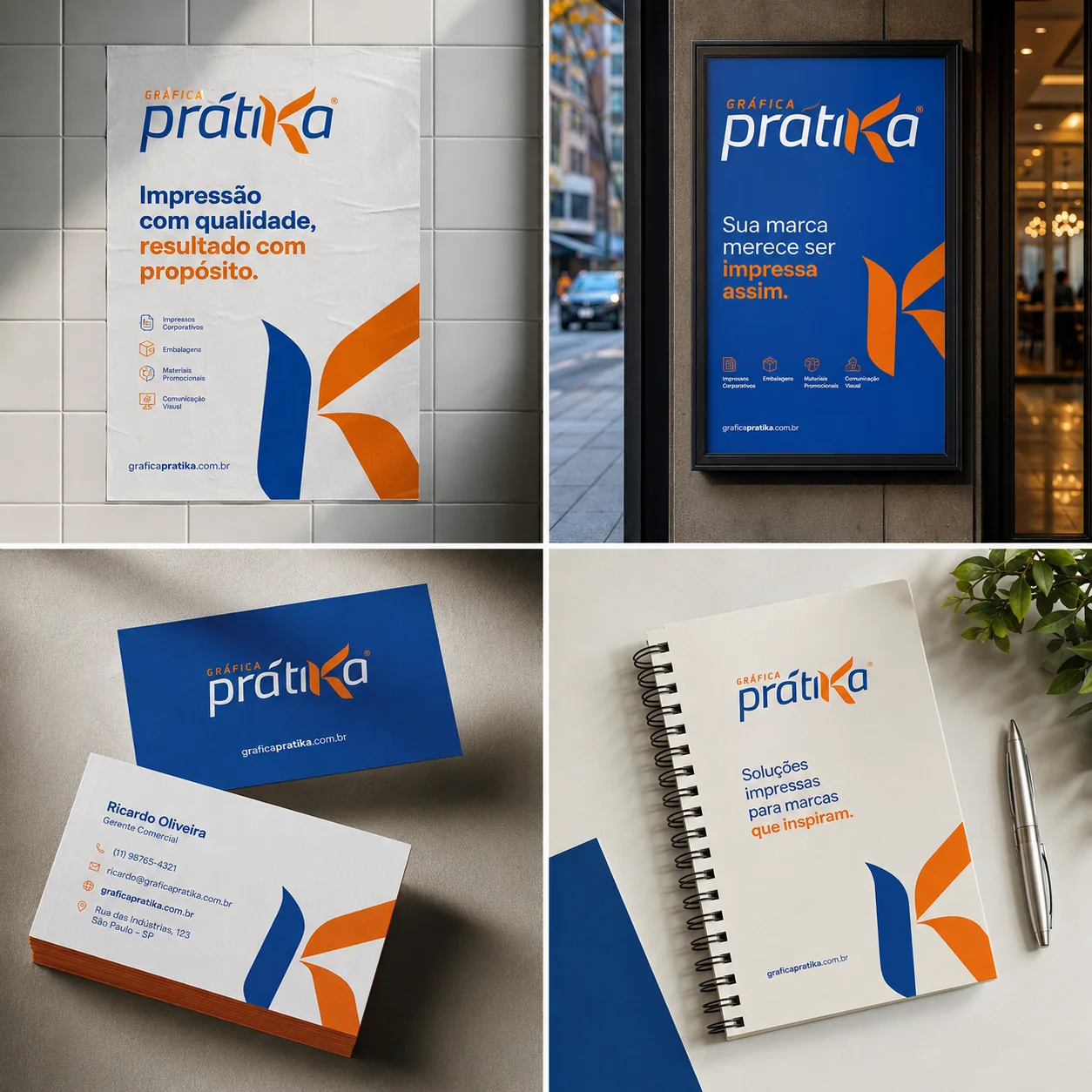 Cartões, caderno e materiais impressos com a identidade da Gráfica Prátika